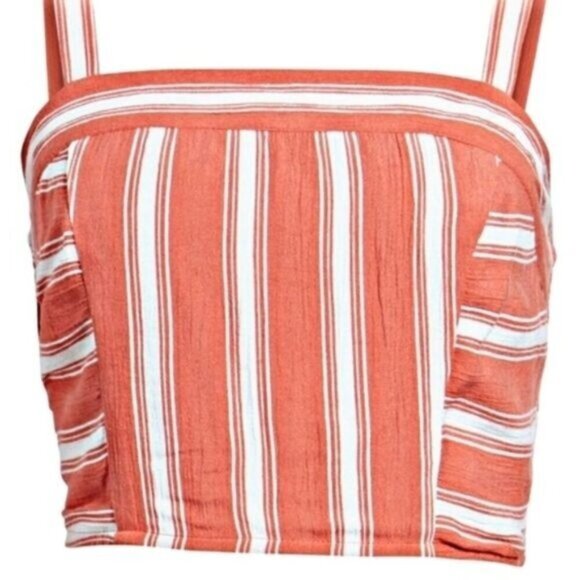 Band of Gypsies ✦ Coral Ivory Striped Crop Top ✦ Square Neck Smocked Back L EUC - Picture 3 of 9